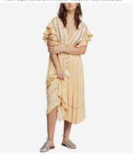 Free People Beige Gauze Midi Dress, V-Neck Button Front Flutter Sleeve, S