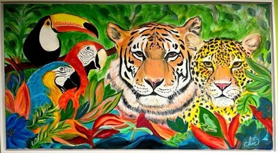 24 X 36 Rainforest Friends Original Handmade Colorful Fine Art Oil Painting