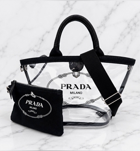 PRADA Milano Clear Black Logo Tote Bag Detachable Strap Zip Pouch Silver HW