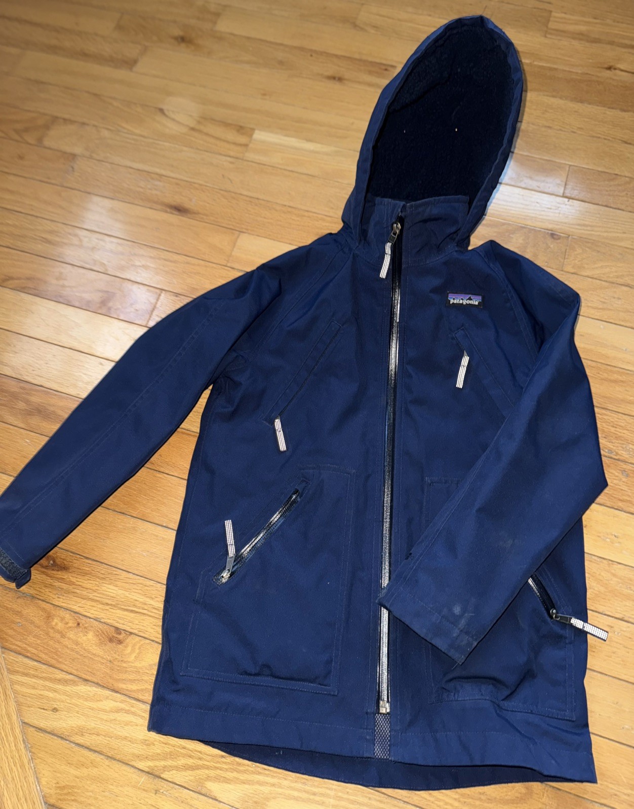 PATAGONIA TRES 3 IN 1 PARKA BOYS JACKET S BLUE HOODED WATERPROOF SHELL ONLY