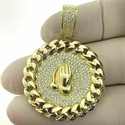 2.20Ct Round Cut Moissanite Praying Hands Pendant 14K Yellow Gold Plated Chain