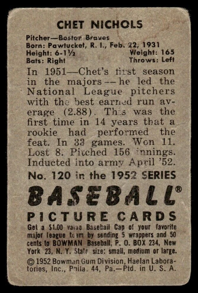 1952 Bowman (Damaged) Chet Nichols Rookie Baseball Card Boston Braves #120 - Image 2 of 2