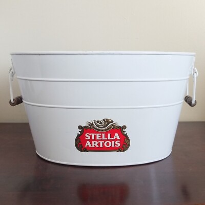 STELLA ARTOIS Beer steel tub ice bucket, 16¾  wide wood handle grips good cond.