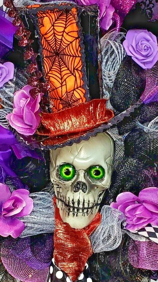 Halloween Wreath Decoration Large Deco Mesh Skull Top Hat Front Door Decoration - Image 3 of 4
