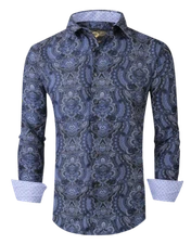Mens PREMIERE Long Sleeve Button Down Dress Shirt NAVY BLUE DESIGNER PAISLEY 670