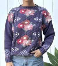 Vintage 80s Eddie Bauer Sz M 100 cotton Floral sweater Chunky Rare Pattern