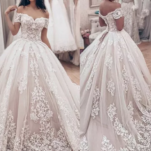 Luxury Ball Wedding Dresses Off Shoulder Lace Applique A Line Bridal Gowns Train