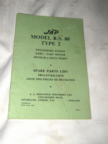A Vintage English JAP (J A Prestwich) Model R.80 Type2 2 Stroke Spares Booklet