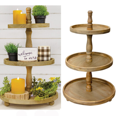 Wooden Distressed Three Tiered Tray Stand Farmhouse Decor
