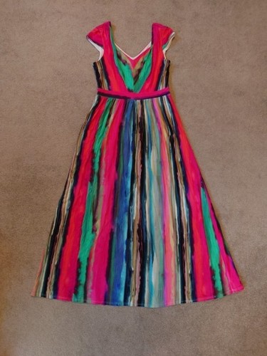 Phase Eight Long Multi Dress 12 Vibrant Pink Green Blue Occasion Stripe Stretch - Picture 9 of 13