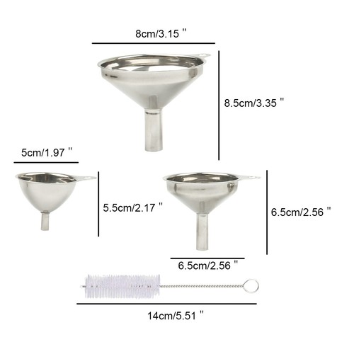 3X Funnels Set Kitchen Funnel Set Small Funnels with 2 Brushes Stainless Steel - Picture 2 of 9