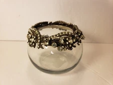 Vtg Catch All Potpourri Jar clear glass bowl Rhinestones metal Top Vanity Small