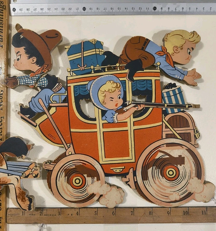 De colección 1950 Dolly Toy Company Pin Up 4 Pared Vaquero Western Wagon Caballos Foto 3 de 4