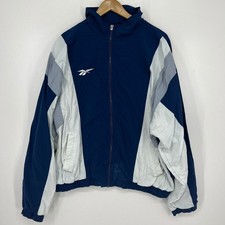 Vintage Reebok Mens XL Colorblock Windbreaker Track Jacket Navy Blue White Grey