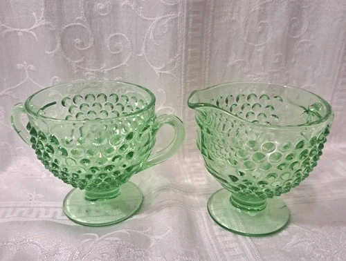 Vtg Green Depression Uranium Glass Hobnail Sugar & Creamer Set "glows"