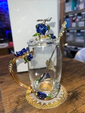 Glass Tea/Coffee Cup W/Lid, Spoon & Coaster 3D Ornate 7" Tall, Blue/Gold NIB.