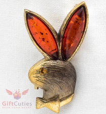 Brass Amber Playboy Rabbit Hare Brooch IronWork