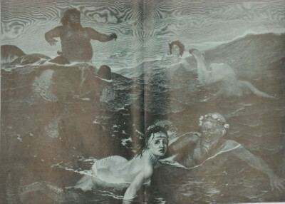 Mermaids, Mermen & Centar playing In the water. Nude women. Antique PRINT 1916