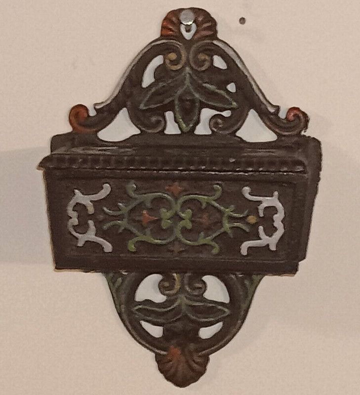 Antique Cast Iron WILTON 2 wall MATCH SAFE HOLDER Ornate Painted LIDDED Flip Top