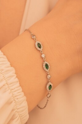 925k Sterling Silver Bracelet Women's  Bracelet Emerald Shuttle Stone New