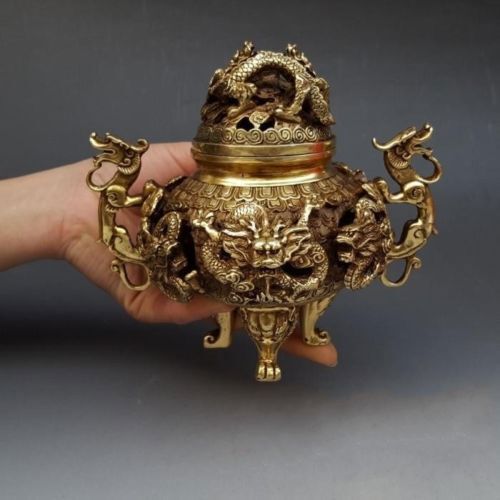 7" Chinese Brass Gilt 9 Dragon Incense Burner Censer Incensory Burner Statue - Picture 1 of 6