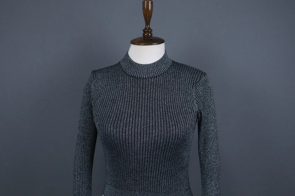 CHANEL шелк хлопок синий блестящий блестящий резинке ребристый укороченный свитер размер 36 - Изображение 2 из 4