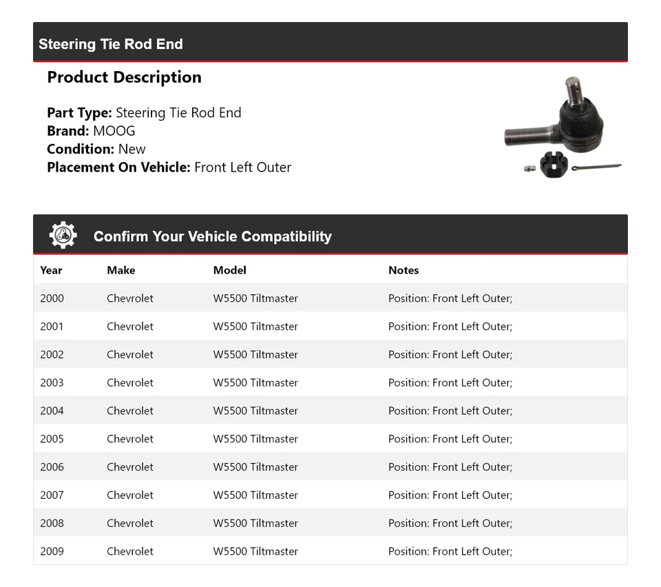 Extremo de varilla de dirección Tiltmaster 2000-2009 para Chevrolet W5500 MOOG 2000 2001 Foto 2 de 4