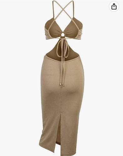 Women Sling Dress Sexy Deep V Neck Backless Maxi Party Cutout Beige Size large - Photo 2/8