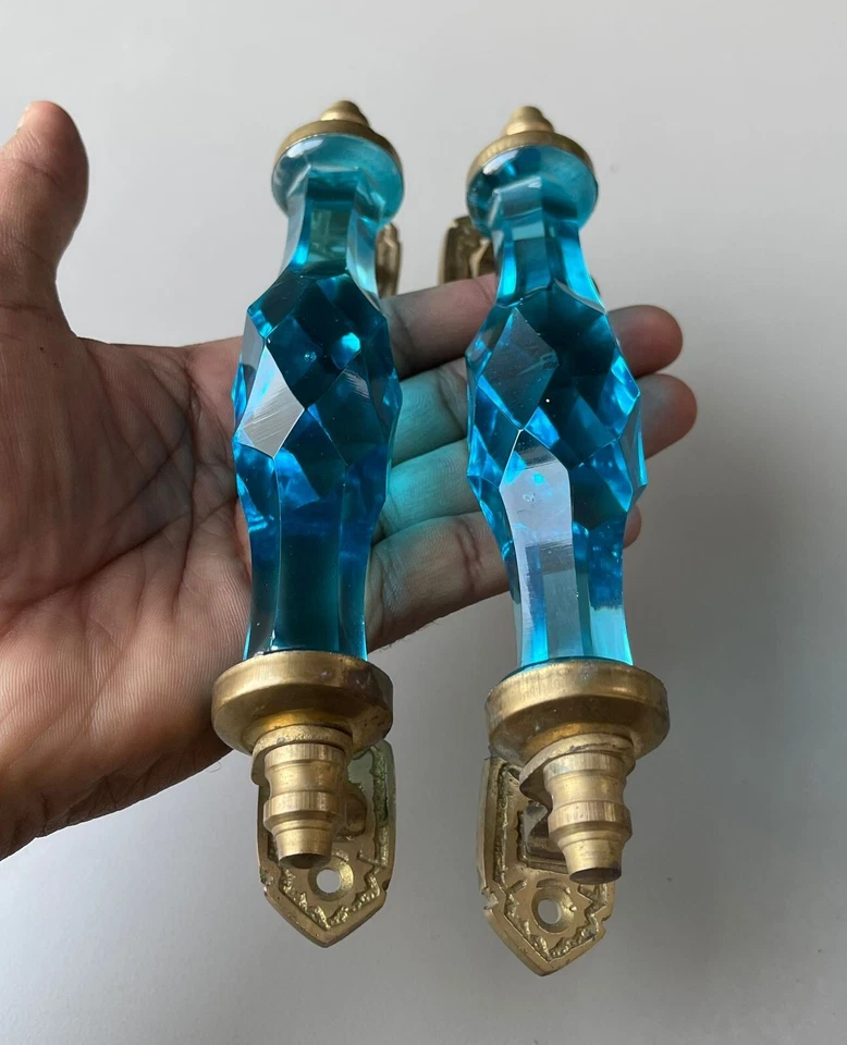Manija de puerta de vidrio y latón 2 piezas estilo antiguo 6,5"" cristal/azul cortado coleccionable Foto 4 de 4