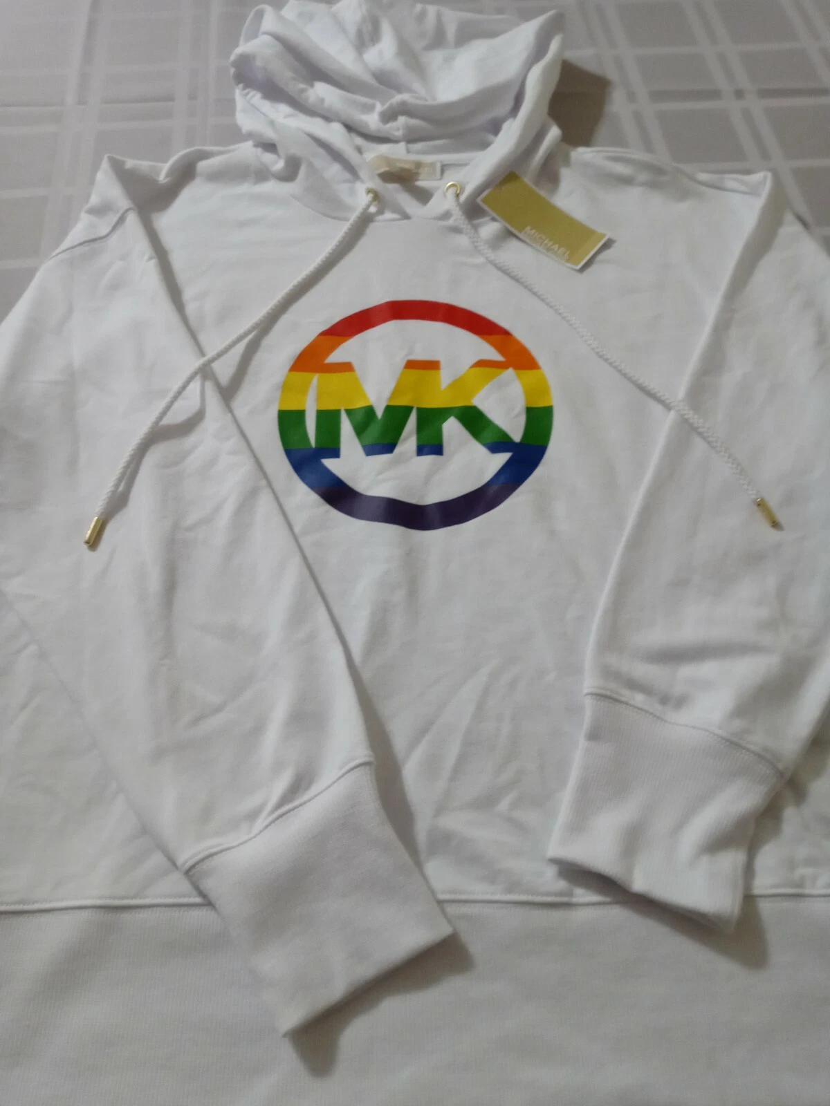 Felpa felpa Michael Kors donna bianca Pride MK logo nuova con etichetta taglia S