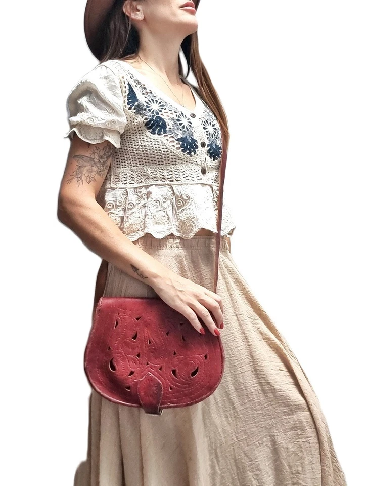 Burgundy Red Tooled Leather Saddle Bag Moroccan Vintage Boho Hippie festival - Image 2 of 4