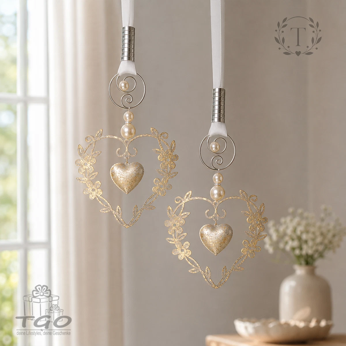 Fensterdeko hängend Herz im Herz aus Metall Antikgold- 2er Set- 303412K