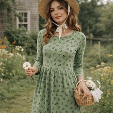 Vermont Country Store Midi Dress Sz XS Pockets Cottage Prairie Green Leaf Print