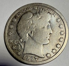 1907 D Barber Half Dollar~90% Silver~VG+ Condition