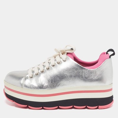 Prada Linea Size 38.5 Silver Leather Platform Lace Up Sneakers