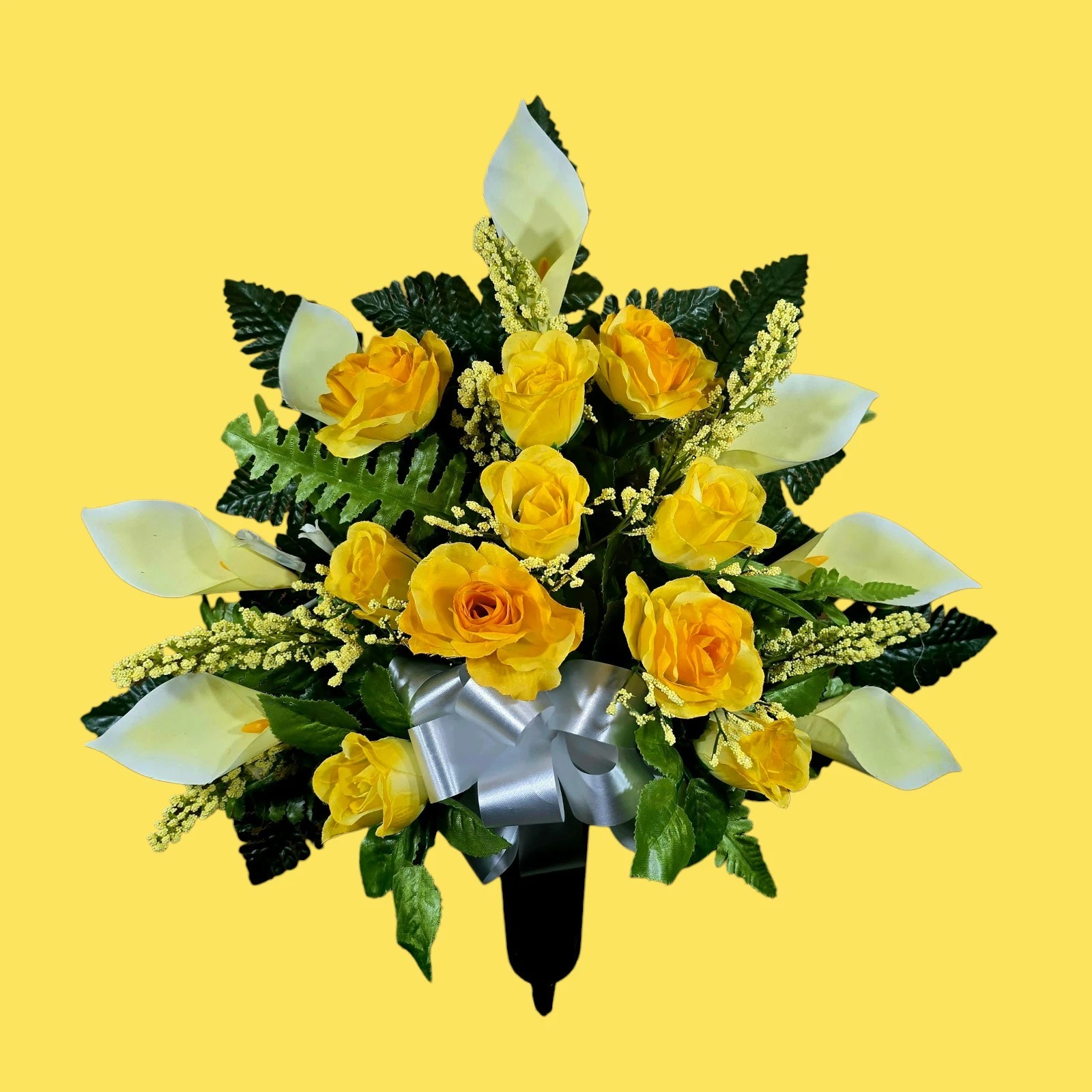 Cemetery Vase with grave flowers including Yellow Roses and Cream Calla Lilies