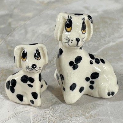 Vintage Ceramic Dalmatian Dog Figurines Set of 2 Black White Spotted Puppy Decor