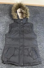 Ladies Fat Face Grey Down Padded Gilet Bodywarmer Faux Fur Hood Size Small 10-12