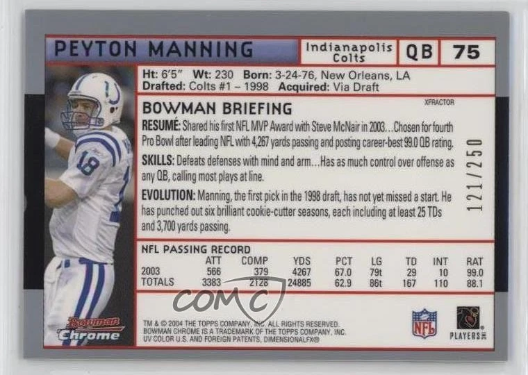 2004 Bowman Chrome X-Fractor /250 Peyton Manning #75 HOF - Image 2 of 2
