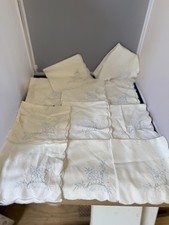 Vintage Linen Madeira Embroidered Dinner Napkins - Blue on White