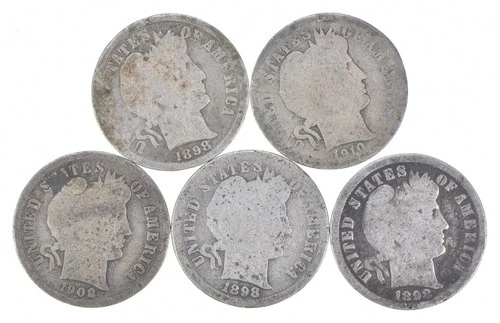 Better Lot 5 1898 1910-D 1908-D 1898 1898 Barber Dime 0.50 Face *192