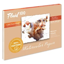 Fluid 100 Watercolor Paper 821218 300LB 100% Cotton Cold Press 9 x 12 Block, 10