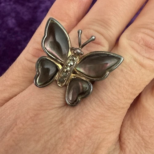 Vintage 925 Silver Butterfly Ring Sz 9, Rhinestones Patina