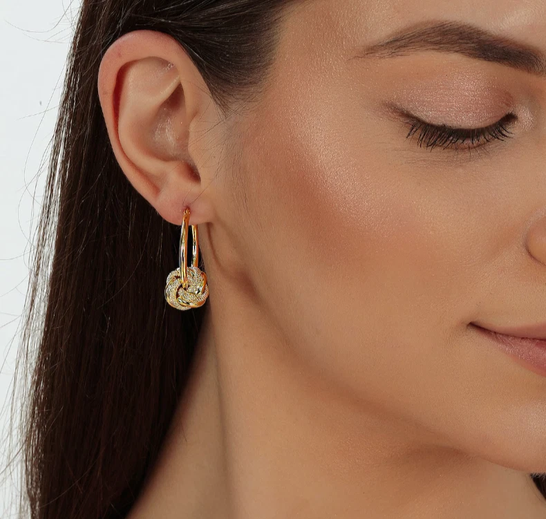 Braided Hoop Earrings Triple Row Huggies 10K Solid Gold Earrings Gift For Her - Image 4 of 4