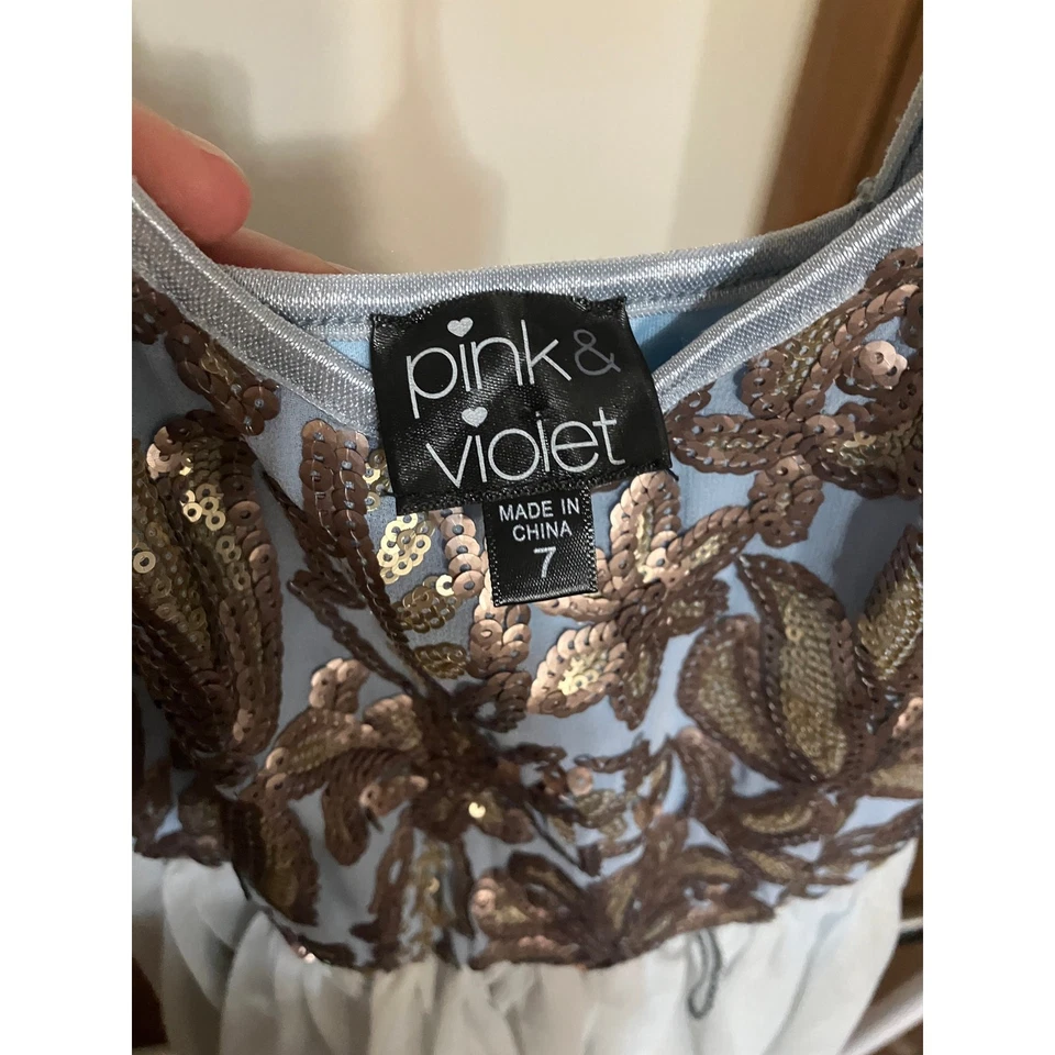 Pink & Violet Dress Size 7 Girls Silver Lace Light Blue Maxi Chiffon formal - Image 3 of 4