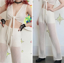 Vintage 90s Deadstock White Mesh Halter and Low Rise Flares 2 Piece Set S