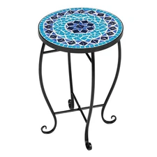 Green Flowers/Blue Ocean Mosaic Round Terrace Bistro Table, Outdoor Plant Stand