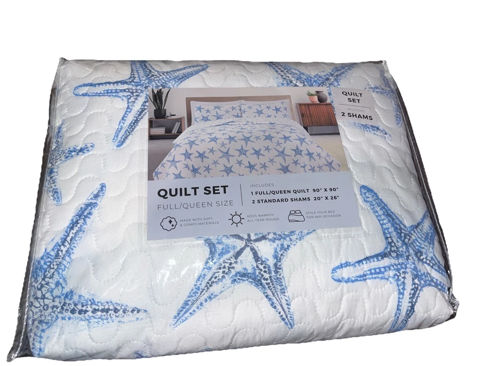 NUEVO Juego completo de edredón costero náutico Great Bay Home Trinidad Blue Seashell Foto 2 de 3