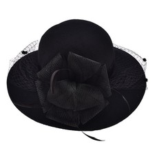 Black Womens Wool Felt Floral Veil Netting Feather Wide Brim Derby Hat A322