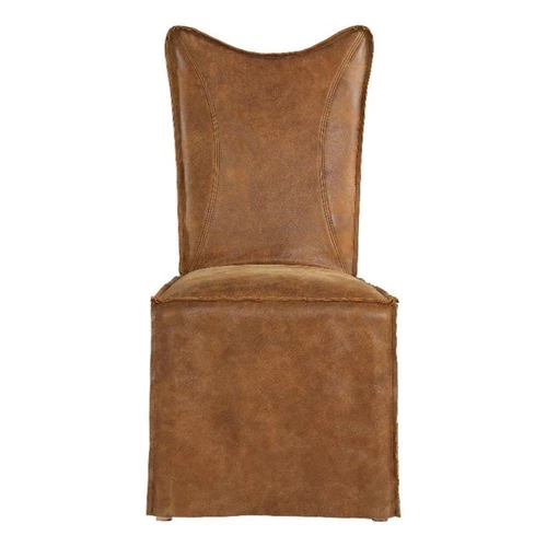 Uttermost Delroy Top Grain Leather Armless Chairs in Cognac Brown (Set of 2) - Picture 1 of 2